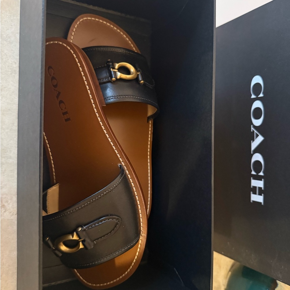 Coach Black and Tan Slide Sandals with Gold Accents